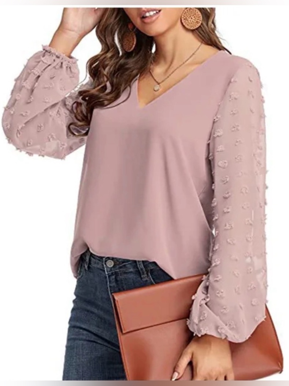 Classic V-Neck Puff Sleeve Blouse in Dusty Rose